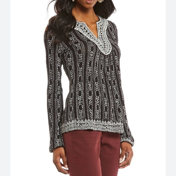 Lucky Brand Embroidered Long Sleeve Top Black White Large - Picture 8 of 9